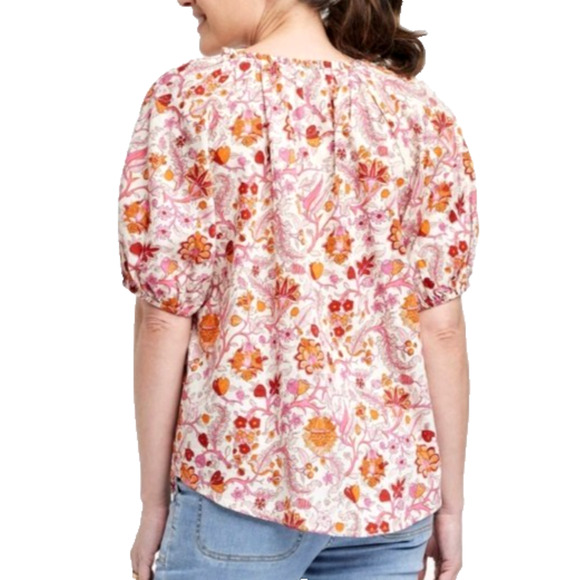 Knox Rose Boho Cottage Prairie Peasant Strawberry Floral Print Puff Sleeve Top L - Picture 2 of 10